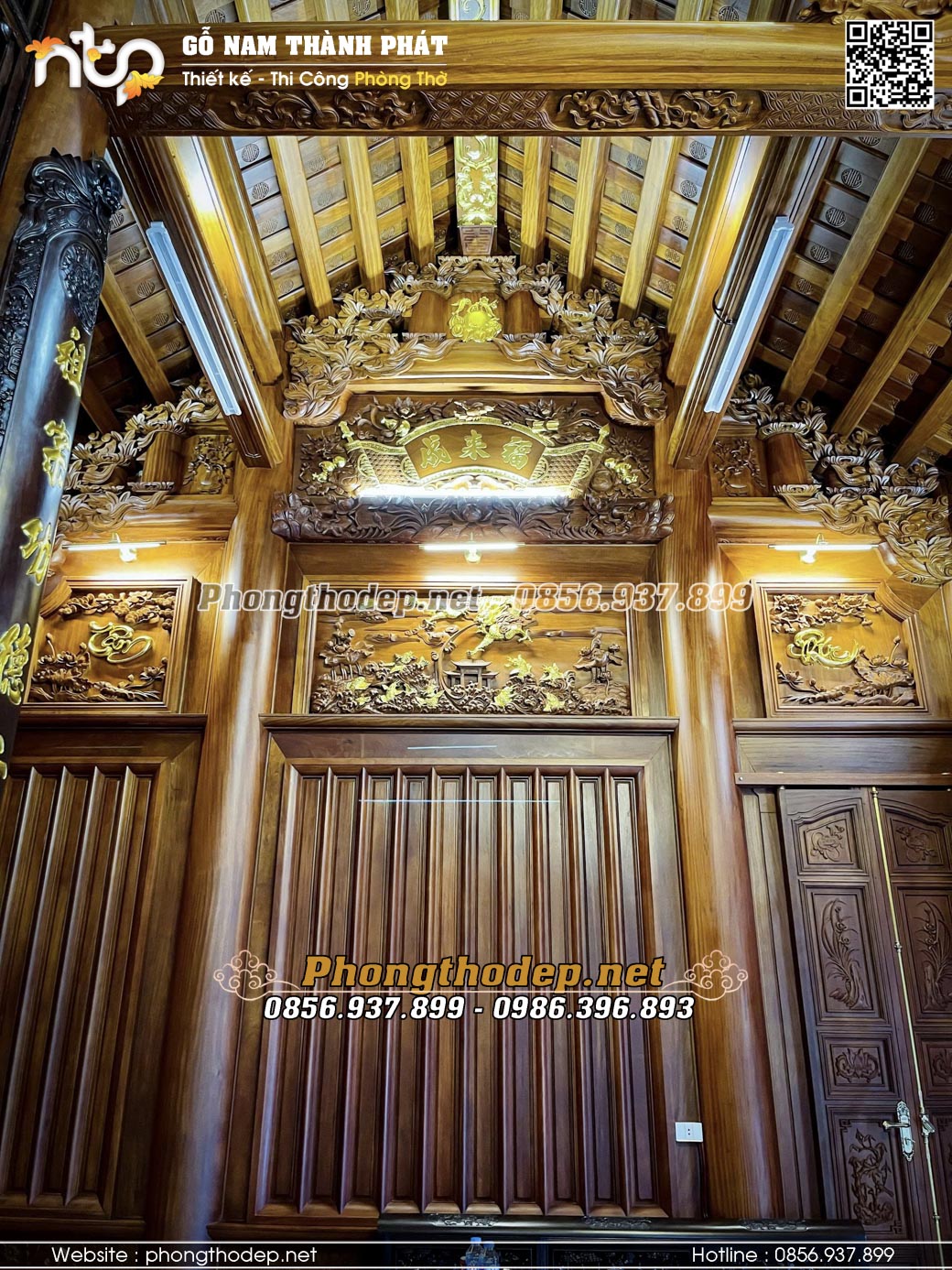 Cận cảnh thực tế vách thuận trái công trình nhà gỗ 3 gian 2 chái trên tầng 2